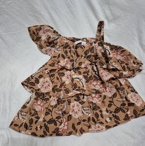 Janie and Jack Brown and Pink Floral Cold Shoulder Blouse Size 7